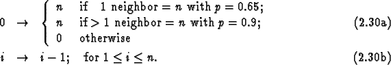 \begin{mathletters}
\begin{eqnarray}
0 &\rightarrow& \left\{\begin{array}{ll}
n...
...ightarrow& i-1; \mbox{\quad for $1\le i \le n$}.
\end{eqnarray}\end{mathletters}